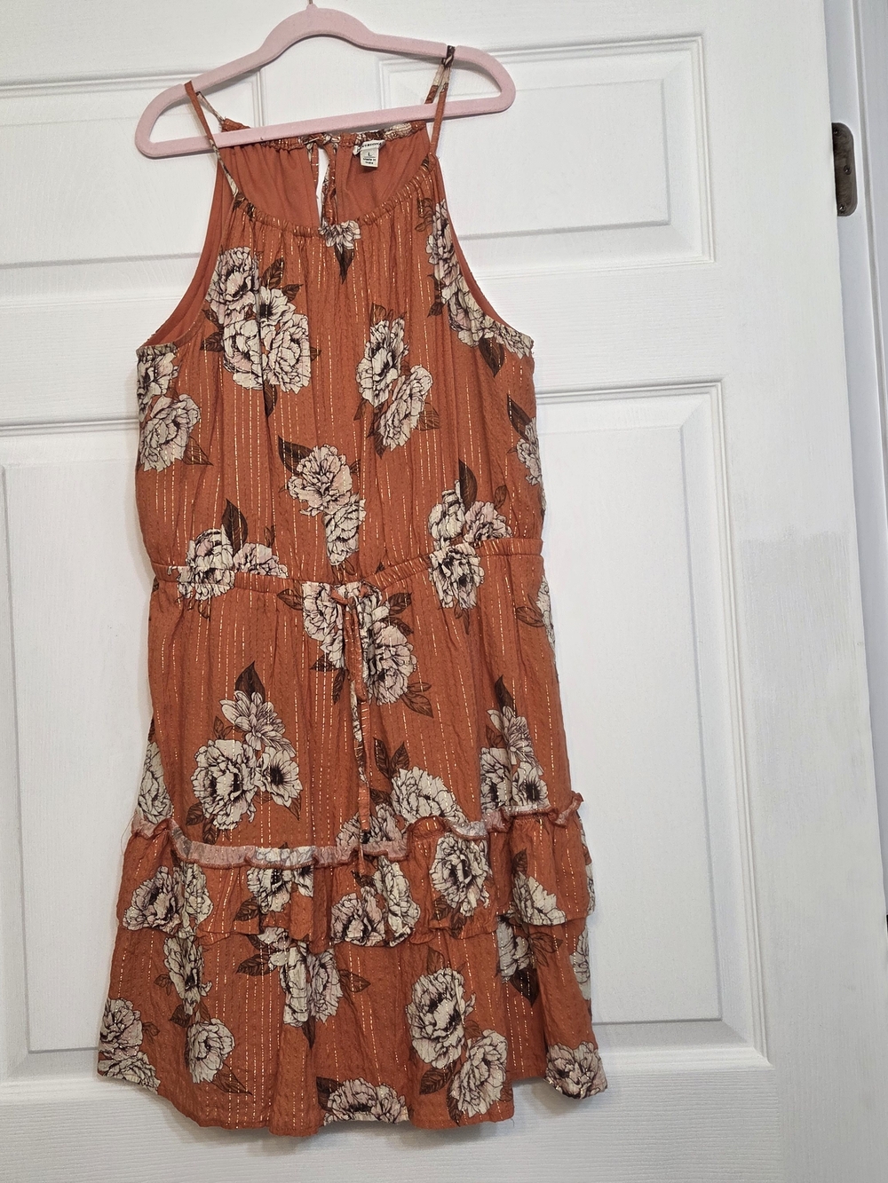 Versona Rust Orange Elastic-Waist tiered Dress size L. Adjustable straps